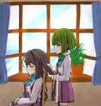  2girls black_hair blazer bob_cut braid brown_eyes brushing_hair closed_eyes commentary_request dress green_hair grey_legwear hair_brush halterneck highres jacket kantai_collection long_hair macbail multicolored_hair multiple_girls naganami_(kancolle) naganami_kai_ni_(kancolle) pink_hair plant pleated_dress potted_plant purple_dress short_hair short_hair_with_long_locks sidelocks takanami_(kancolle) takanami_kai_ni_(kancolle) thick_eyebrows thighhighs upper_body window 