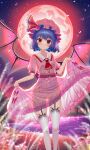  1girl ascot bangs bat_wings blurry blurry_foreground clothes_lift full_body hat hat_ribbon highres kiramarukou lifted_by_self looking_at_viewer mob_cap outdoors parted_lips pink_headwear pink_shirt pink_skirt red_ascot red_eyes red_ribbon remilia_scarlet ribbon see-through see-through_silhouette shirt short_sleeves skirt skirt_lift sky smile solo standing star_(sky) starry_sky thighhighs touhou white_legwear wings 