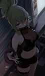  1girl absurdres alley alternate_costume armpits bare_shoulders black_jacket black_shirt black_shorts breasts brown_legwear cigarette cleavage collarbone crop_top fishnet_legwear fishnets from_above genshin_impact green_hair hand_on_hip highres holding jacket kuki_shinobu long_hair looking_at_viewer looking_up mask medium_breasts midriff mouth_mask navel off_shoulder open_clothes open_jacket ponytail purple_eyes see-through seorang shirt short_shorts shorts single_thighhigh sleeveless sleeveless_shirt solo standing stomach thighhighs thighs 