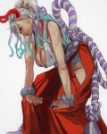  1girl bare_shoulders breasts cleavage cuffs curled_horns earrings green_hair hair_ornament hair_stick hakama hakama_pants hands_on_own_knees highres horns japanese_clothes jewelry kimono large_breasts leaning_forward lips long_hair looking_at_viewer mossacannibalis multicolored_hair multicolored_horns one_piece orange_horns pants shackles sleeveless solo white_hair yamato_(one_piece) yellow_horns 