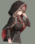  1girl black_capelet braid breasts brown_dress brown_hair capelet cowboy_shot cropped_torso dress faker_ktd grey_background hood hood_up hooded_capelet kantai_collection large_breasts long_hair looking_at_viewer shinshuu_maru_(kancolle) simple_background solo twin_braids 