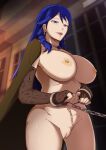  1girl absurdres blue_eyes blue_hair braid breasts chain chained_wrists choker coat coat_on_shoulders cuffs dead_or_alive dead_or_alive_xtreme earrings english_commentary exhibitionism fingernails from_below gloves handcuffs highres jewelry lace lace_gloves large_breasts lobelia_(doa) long_hair looking_at_viewer naked_coat nipples parted_lips pink_seito prison public_indecency side_braid solo uncensored 