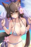  1girl akahi242 animal_ear_fluff animal_ears asymmetrical_hair beach bikini blue_archive blush bracelet breasts brown_eyes brown_hair cherry_blossoms cleavage collarbone day flower fox_ears fox_tail glowing glowing_eyes hair_flower hair_ornament halo highres jewelry large_breasts leaning_forward long_hair looking_at_viewer multicolored_eyes navel outdoors parted_lips pink_flower purple_bikini purple_nails red_eyes shaded_face sidelocks solo stomach swimsuit tail wakamo_(blue_archive) wakamo_(swimsuit)_(blue_archive) 