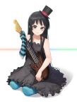  1girl absurdres akiyama_mio bangs bass_guitar black_dress black_eyes black_hair black_legwear blue_legwear blunt_bangs commentary don&#039;t_say_&quot;lazy&quot; dress english_commentary full_body hat highres hime_cut holding holding_instrument instrument k-on! long_hair looking_at_viewer mini_hat mini_top_hat sidelocks sitting smile solo top_hat yidie 