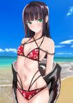  1girl absurdres aqua_eyes bangs beach bikini black_hair blunt_bangs breasts closed_mouth cloud collarbone commentary day floral_print hems5288 highres kurosawa_dia long_hair looking_at_viewer love_live! love_live!_sunshine!! navel ocean outdoors print_bikini red_bikini sand small_breasts solo swimsuit water 