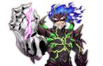  1boy armor bara blue_fire blue_sclera bodysuit claws colored_sclera fire glowing grin hand_up highres large_pectorals lightning looking_at_viewer male_focus mk_mk monster_boy muscular muscular_male nodens_(housamo) pectorals red_eyes short_hair smile solo tokyo_afterschool_summoners upper_body white_background 