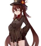  1girl black_shorts blush brown_hair chinese_clothes closed_eyes coat cowboy_shot flat_chest flower genshin_impact hat hat_ornament hu_tao_(genshin_impact) long_sleeves miyako_draw plum_blossoms porkpie_hat pout shorts solo twintails white_background 