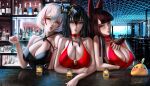  3girls absurdres ahoge akagi_(azur_lane) akagi_(ruby-laced_beauty)_(azur_lane) alcohol animal_ears azur_lane bangs bar bare_shoulders black_hair blonde_hair bottle breasts brown_eyes charlielena choker cleavage cocktail_dress collarbone cup dress drinking_glass fox_ears highres large_breasts looking_at_viewer manjuu_(azur_lane) multicolored_hair multiple_girls official_alternate_costume red_choker red_dress red_eyes red_hair roon_(azur_lane) roon_(dark_red_grin)_(azur_lane) short_hair streaked_hair taihou_(azur_lane) 