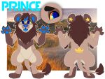  4_fingers anthro black_claws blue_eyes blue_inner_ear blue_pawpads brown_body brown_ears brown_fingers brown_fur brown_mane brown_tail brown_tail_tuft brown_toes claws ear_markings elbow_tufts facial_markings fangs featureless_crotch felid fingers front_view fur glistening glistening_eyes gloves_(marking) head_markings lion male mammal mane markings model_sheet orange_sclera pantherine pawpads prince_(rbflufflebutt) princelykaden rear_view solo standing star_marking tan_body tan_fur yellow_body yellow_fur yellow_markings 