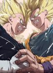  2boys absurdres anger_vein angry arm_up bangs biceps blonde_hair blue_eyes blue_wristband boots clenched_hand clenched_teeth commentary_request dougi dragon_ball dragon_ball_z duel facial_mark fighting forehead_mark gloves hand_grab highres injury large_pectorals liedein looking_at_another majin_vegeta male_focus manly multiple_boys muscular muscular_male orange_shirt pectorals serious shirt signature son_goku spiked_hair super_saiyan super_saiyan_2 teeth thick_eyebrows torn_clothes vegeta white_gloves 