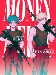  2boys alternate_costume assault_rifle bakugou_katsuki bare_arms black_shirt black_tank_top blonde_hair boku_no_hero_academia character_name clenched_hand closed_mouth collarbone commentary_request copyright_name earrings green_eyes green_hair gun highres holding holding_gun holding_weapon howa_type_89 jewelry juizyya jumpsuit jumpsuit_around_waist looking_at_another looking_at_viewer male_focus midoriya_izuku money_heist multiple_boys partial_commentary red_background red_eyes red_jumpsuit rifle scar scar_on_arm shirt short_hair short_sleeves spiked_hair standing tank_top thai_commentary twitter_username weapon 
