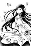  1girl :d bangs braid bug butterfly dated dress floating_hair flower from_side greyscale hair_flower hair_ornament honzuki_no_gekokujou long_dress long_hair long_sleeves maine_(honzuki_no_gekokujou) monochrome off-shoulder_dress off_shoulder open_mouth parted_bangs rose shiny shiny_hair shoulder_blades sketch smile solo twitter_username very_long_hair yuuko24 