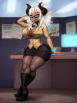  big_breasts black_bottomwear black_clothing black_skirt blue_eyes boots bottomwear breasts business_suit clothing computer_monitor female footwear furniture general-irrelevant hair hand_behind_head hi_res high_heeled_boots high_heels horn horned_humanoid humanoid inside legwear looking_at_viewer not_furry office pantyhose skirt smile solo square_glasses suit table white_hair 
