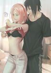  !? 1boy 1girl absurdres amputee bare_shoulders black_bra black_hair black_panties black_shirt blurry blurry_background bob_cut boruto:_naruto_next_generations bra bracelet breasts cleavage couple curtains day facial_mark forehead_mark green_eyes haruno_sakura hetero highres imminent_hug indoors jewelry lifted_by_self looking_at_another looking_away naruto_(series) navel niku_(ni23ku) open_fly outstretched_arm panties pants parted_lips pink_hair red_shirt shirt short_hair short_sleeves sleeveless sleeveless_shirt standing strap_slip t-shirt track_pants twitter_username uchiha_sasuke underwear undressing white_pants 