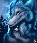  2021 anthro bell bell_collar blue_body blue_fur collar cute_expression cute_eyes digital_media_(artwork) flashw fluffy fur glowing light lightwo male moonlight sergal sergei_(lightwo) smile solo white_body white_fur 