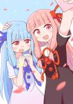  2girls :d arms_up bangs blunt_bangs blush blush_stickers buttons cellphone clenched_hands dress falling_petals flower_knot hair_ornament hand_on_another&#039;s_head hands_up highres himajin_narou holding holding_phone kotonoha_akane kotonoha_aoi long_hair looking_up low-tied_long_hair multiple_girls nose_blush open_mouth petals phone pink_eyes pink_hair rope selfie short_sleeves siblings sisters smartphone smile voiceroid 
