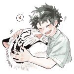  1boy animal aqistory boku_no_hero_academia closed_eyes collared_shirt commentary_request freckles green_hair green_shirt heart highres male_focus midoriya_izuku open_mouth petting shirt short_hair short_sleeves simple_background smile spoken_heart thai_commentary tiger white_background white_tiger 
