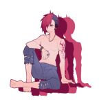  1bitheart 1boy arm_tattoo black_hair blue_pants bracelet full_body headphones jewelry kujoh_ryuuri male_focus miwasiba mohawk muscular muscular_male necklace official_art pants red_hair ring solo tattoo topless_male torn_clothes torn_pants transparent_background yellow_eyes 