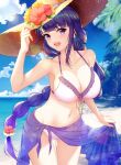  1girl bangs bare_arms beach bikini blue_sky blunt_bangs blush braid braided_ponytail breasts cleavage cloud cloudy_sky day floral_print flower frilled_bikini frills front-tie_top genshin_impact halterneck hand_on_headwear hat hat_flower highres large_breasts liu_guniang looking_at_viewer mole mole_under_eye navel o-ring o-ring_bikini ocean open_mouth purple_eyes purple_hair purple_skirt raiden_shogun red_flower single_braid skirt skirt_hold sky solo standing stomach sun_hat sunlight swimsuit teeth thighs tied_skirt upper_teeth yellow_flower 