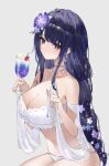  1girl alternate_costume bangs bikini blunt_bangs braid braided_ponytail breasts cherry cleavage closed_mouth cup detached_sleeves drink earrings flower food from_side fruit genshin_impact grey_background hair_flower hair_ornament highres holding holding_cup holding_drink holding_straw ice_cream ice_cream_float jewelry large_breasts looking_at_viewer o-ring o-ring_bikini purple_eyes purple_hair raiden_shogun raiya_atelier simple_background solo swimsuit white_bikini 