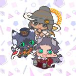  3boys animal_ears beanie black_eyes black_hair bright_pupils cait_sith_(housamo) cape cat_boy cat_ears cat_tail character_request chibi cloud colored_sclera dark-skinned_male dark_skin demon_boy demon_horns demon_tail european_clothes furry furry_male green_eyes green_sclera grin hat horns long_hair lostdog121 lucifuge_(housamo) male_focus mini_hat multiple_boys red_cape short_hair smile tail thick_eyebrows tokyo_afterschool_summoners top_hat 