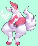  2022 3_toes absurd_res alwaysfaceleft anthro biped claws digital_media_(artwork) feet fur hi_res looking_at_viewer male mammal markings navel nintendo pok&eacute;mon pok&eacute;mon_(species) red_body red_fur simple_background slightly_chubby solo thick_thighs toes video_games white_body white_fur zangoose 