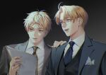  2boys america_(hetalia) axis_powers_hetalia black_necktie black_suit blonde_hair blue_eyes breast_pocket collared_shirt formal green_eyes hand_on_another&#039;s_shoulder highres holding holding_paper huacai looking_afar looking_at_object male_focus multiple_boys necktie open_mouth paper pocket shirt smile striped_necktie suit thick_eyebrows united_kingdom_(hetalia) waistcoat 
