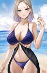  1girl alcohol azur_lane bare_shoulders bikini blue_eyes blue_sky breasts choister cleavage cup highres holding holding_cup large_breasts light_brown_hair looking_at_viewer navel new_orleans_(azur_lane) o-ring outdoors pink_nails purple_bikini sky swimsuit water 