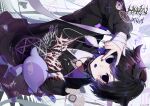  1boy androgynous bandages black_eyes black_hair bow chain collar collared_shirt colored_tips cross eita_789 empty_eyes eyepatch multicolored_hair pentagram purple_hair purple_lips shirt short_hair spiked_collar spikes stuffed_toy v 