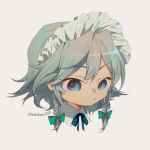  1girl artist_name bangs blue_bow blue_bowtie blue_eyes bow bowtie braid closed_mouth collared_shirt green_bow grey_background grey_hair grey_shirt hair_between_eyes hair_bow heikokuru1224 izayoi_sakuya looking_at_viewer maid maid_headdress shirt short_hair simple_background solo touhou twin_braids 