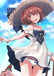 1girl blue_sky brown_eyes brown_hair cloud commentary_request cowboy_shot dress fuji_(pixiv24804665) hat highres kantai_collection looking_at_viewer official_alternate_costume panties short_hair sky solo speaking_tube_headset straw_hat sun_hat sundress toeless_footwear underwear white_dress white_panties yukikaze_(kancolle) yukikaze_kai_ni_(kancolle) 