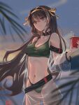  1girl absurdres bangs bikini black_choker breasts brown_hair choker cleavage closed_mouth commentary_request cup disposable_cup drink drinking_straw evening green_bikini hair_ribbon hairband highres hlqh holding holding_drink long_hair medium_breasts navel outdoors ribbon see-through see-through_sleeves smile solo suzumiya_haruhi suzumiya_haruhi_no_yuuutsu swimsuit yellow_hairband yellow_ribbon 