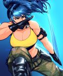  1girl armlet artist_name astrubalart bare_shoulders belt blue_eyes blue_hair boots breast_rest breasts camouflage camouflage_pants cleavage combat_boots dog_tags earrings gloves highres jewelry large_breasts leona_heidern pants pocket ponytail shiny shiny_clothes sleeveless solo tank_top the_king_of_fighters the_king_of_fighters_xiv the_king_of_fighters_xv yellow_tank_top 