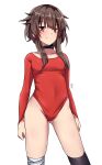  1girl bandaged_leg bandages bangs black_choker black_legwear breasts brown_hair choker collarbone contrapposto highres kono_subarashii_sekai_ni_shukufuku_wo! leotard long_sleeves megumin over-kneehighs red_eyes red_leotard short_hair short_hair_with_long_locks simple_background skin_tight small_breasts solo standing thighhighs vvernerluniq white_background 