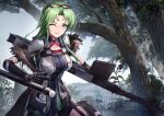  1girl ;d asymmetrical_sleeves bike_shorts black_gloves black_shorts blue_eyes breasts collarbone day eyewear_on_head gauntlets gloves green_hair grey_jacket gun hair_intakes highres holding holding_gun holding_weapon jacket long_hair looking_at_viewer medium_breasts morichika_shuuto one_eye_closed open_mouth original outdoors shiny shiny_hair short_shorts shorts smile solo tonfa tree weapon 