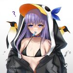  1girl ? animal_hood artist_logo artist_name bangs bare_shoulders bikini bird black_bikini black_jacket blue_bow blue_eyes blush bow breasts bubble choker collarbone fate/grand_order fate_(series) food food_on_body hood hood_up jacket long_hair long_sleeves looking_at_viewer meltryllis_(fate) meltryllis_(swimsuit_lancer)_(fate) mouth_hold penguin penguin_hood popsicle popsicle_in_mouth purple_hair ryuuneart simple_background sleeves_past_fingers sleeves_past_wrists small_breasts swimsuit twitter_username very_long_hair white_background 