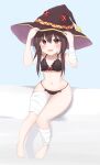  1girl absurdres bandaged_arm bandaged_leg bandages bangs barefoot bikini black_bikini breasts brown_hair frilled_bikini frills hat highres k12040707 kono_subarashii_sekai_ni_shukufuku_wo! looking_at_viewer megumin red_eyes short_hair short_hair_with_long_locks sidelocks sitting small_breasts solo swimsuit witch_hat 