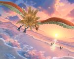  absurdres bird cloud commentary_request highres ho-oh katkichi outdoors pikachu pokemon pokemon_(creature) reflection rock sky sun sunset water 