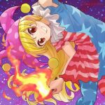  1girl alternate_eye_color american_flag_dress american_flag_pants arm_up armpits bangs blonde_hair blush brown_eyes character_name closed_mouth clownpiece dress fire flying gradient gradient_background hair_between_eyes hands_up hat holding holding_torch itomugi-kun jester_cap long_hair looking_at_viewer neck_ruff pants pink_headwear polka_dot purple_background short_sleeves smile solo star_(symbol) star_print starry_background striped striped_dress striped_pants teeth torch touhou 