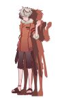  1bitheart 1boy anklet black_hair brown_footwear brown_pants coat expressionless full_body fur-trimmed_coat fur_trim hand_up jewelry long_sleeves male_focus miwasiba multicolored_hair nasuga_izuchi official_art orange_coat pants sandals solo streaked_hair transparent_background white_eyes white_hair 