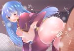  1girl ass ass_focus bangs bed bedroom blue_hair blush breasts censored drooling eyebrows_behind_hair gaon_kun kula_diamond long_hair looking_at_viewer medium_breasts nipples pillow purple_eyes sex sex_from_behind the_king_of_fighters tongue tongue_out 