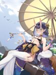  1girl absurdres bangs bare_shoulders bench between_breasts blue_sky bob_cut bracelet breasts choker cloud cloudy_sky dutch_angle fate/grand_order fate_(series) feet_out_of_frame fence floral_print flower fur_scarf glasses hair_flower hair_ornament hair_ribbon headpiece highres holding holding_smoking_pipe horns japanese_clothes jewelry kimono licking_lips long_sleeves looking_at_viewer mountainous_horizon obi oil-paper_umbrella oni oni_horns panties pointy_ears purple_eyes purple_hair purple_kimono revealing_clothes ribbon round_eyewear sash short_eyebrows short_hair shuten_douji_(fate) side_slit sitting skin-covered_horns sky small_breasts smoking_pipe snow solo string_panties talisman thighhighs tongue tongue_out umbrella underboob underwear wide_sleeves wrist_cuffs yog_(1598125441) 