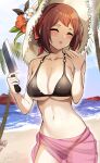  1girl ao_(user_xcnx5328) bangs bare_shoulders beach bikini black_bikini blush breasts brown_hair cleavage closed_eyes guardian_tales hat highres holding holding_knife innkeeper_loraine knife large_breasts medium_hair navel official_alternate_costume open_mouth outdoors see-through straw_hat swimsuit wet 