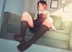  1girl arm_support black_dress black_hair black_legwear blurry blurry_background breasts collarbone collared_shirt commentary_request couch dress dutch_angle feet foot_focus foreshortening full_body hair_ribbon head_tilt indoors kaguya-sama_wa_kokurasetai_~tensai-tachi_no_renai_zunousen~ knees_apart_feet_together kou_futoshi leaning_back legs looking_at_viewer neck_ribbon no_shoes red_eyes red_ribbon ribbon school_uniform shadow shinomiya_kaguya shiny shiny_clothes shiny_hair shirt short_hair_with_long_locks short_sleeves sitting small_breasts socks soles solo spread_legs spread_toes thighs toes 