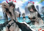 3girls angel_wings arm_up arms_under_breasts ass bare_back bare_shoulders beach bikini black_bikini black_hair blue_archive breasts cleavage covered_nipples dripping feathered_wings feathers from_behind halo haowei_wu hasumi_(blue_archive) large_breasts leaning_forward looking_at_viewer multiple_girls navel purple_eyes red_eyes red_halo skindentation swimsuit tsurugi_(blue_archive) water wet wings 