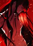  1girl absurdres breasts ddlcclia embers fate/grand_order fate_(series) hair_over_one_eye highres long_hair nude oda_nobunaga_(fate) oda_nobunaga_(maou_avenger)_(fate) one_eye_covered red_background red_eyes red_hair simple_background solo standing 