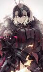  1girl armor armored_dress bangs black_dress breasts chain collar dress fate/grand_order fate_(series) faulds fire gauntlets grey_hair headpiece highres jeanne_d&#039;arc_alter_(avenger)_(fate) jeanne_d&#039;arc_alter_(fate) large_breasts looking_at_viewer metal_collar no-kan open_mouth plackart short_hair smile solo sword thighs weapon yellow_eyes 