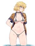  1girl ass_visible_through_thighs bikini black_bikini blonde_hair blush braid breasts brown_shirt choker cleavage french_braid green_eyes half_updo highres in_water medium_breasts medium_hair mizuhashi_parsee navel ootsuki_wataru pointy_ears shirt simple_background solo swimsuit thighs touhou white_background 