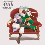  1boy 1girl breasts bridal_gauntlets cape closed_mouth dress earrings edward_geraldine final_fantasy final_fantasy_iv final_fantasy_iv_the_after full_body green_hair jewelry long_hair looking_at_viewer older rydia_(ff4) simple_background smile white_hair yakisake_arimasu 