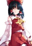  1girl ascot black_hair bow deetamu detached_sleeves frilled_bow frills hair_bow hair_tubes hakurei_reimu highres large_bow looking_at_viewer medium_hair open_mouth red_bow red_shirt red_skirt shirt skirt skirt_set sleeveless solo touhou white_background yellow_ascot 